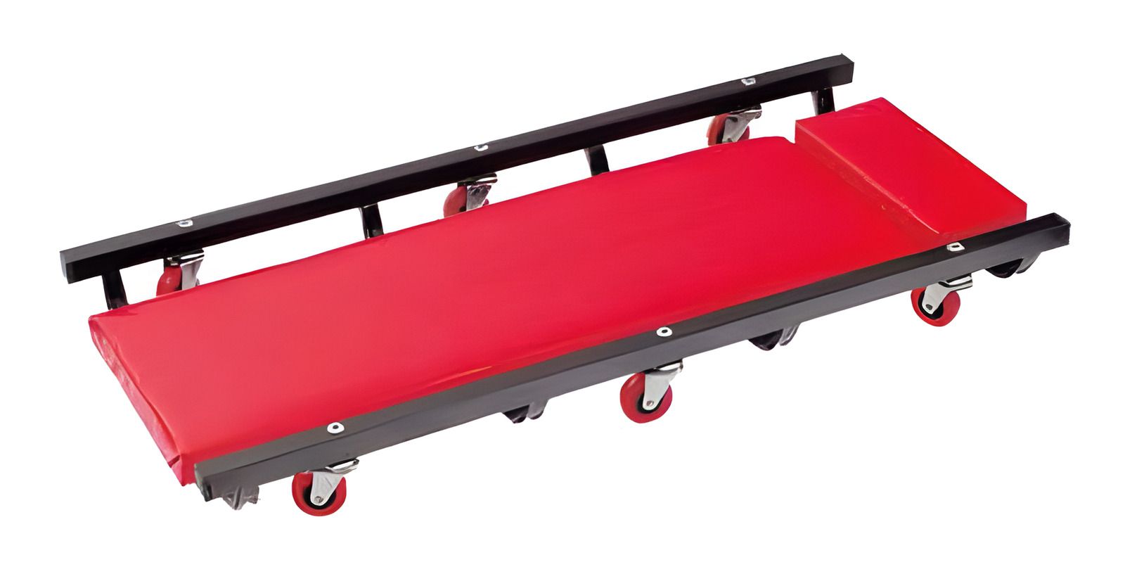 Steel-frame mechanic's creeper with padded red deck and headrest