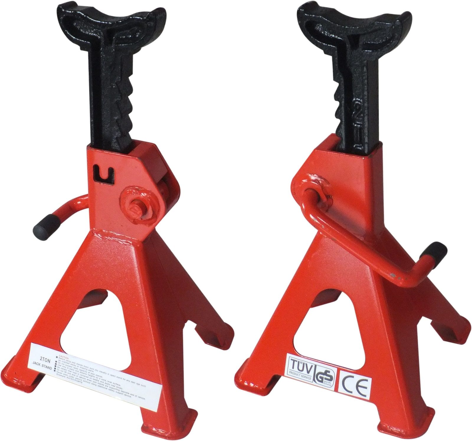 Pin-type jack stands with TÜV GS and CE labels, red – JackMaker jack stand range