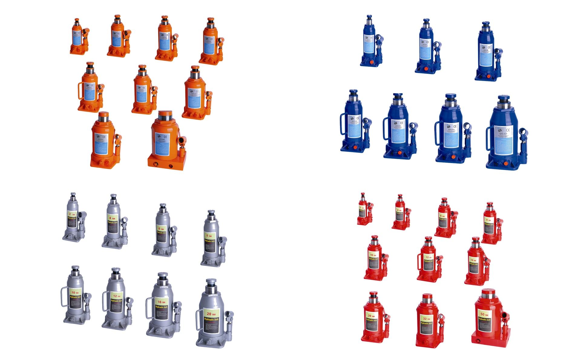 JackMaker bottle jack series in four OEM colours: orange, blue, silver-grey and red