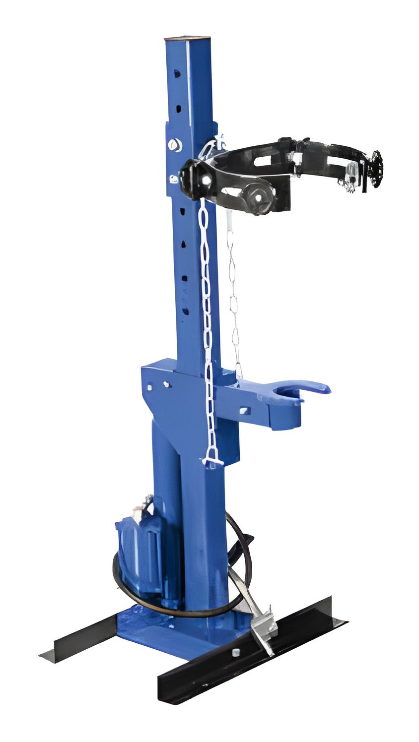 Floor-standing coil spring compressor with safety chain, blue