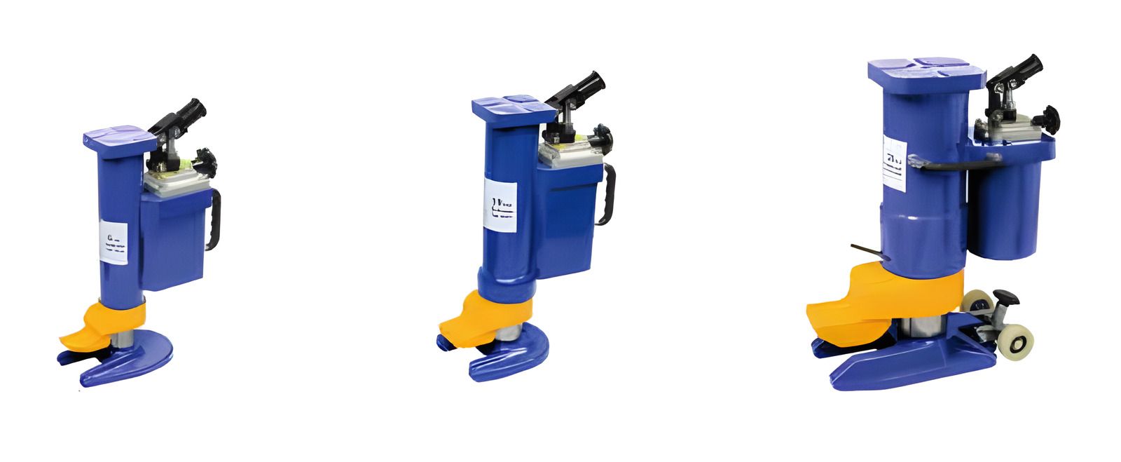 Hydraulic toe jacks in three sizes, blue with yellow toe – JackMaker toe jack range